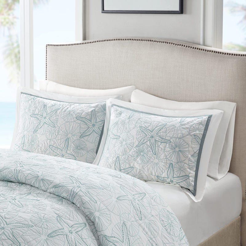 Harbor House غطاء لحاف هاربر هاوس 100% قطن، مزين بأصداف بحرية ونجوم البحر - مجموعة أغطية لحاف خفيفة الوزن، خليج مايا أبيض أزرق كينغ/كال كينغ (106"x90") 3 قطع - Image 3